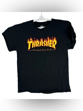 Thrasher Magazine Black Flame Logo Graphic Tee Large Skateboarding Streetwear